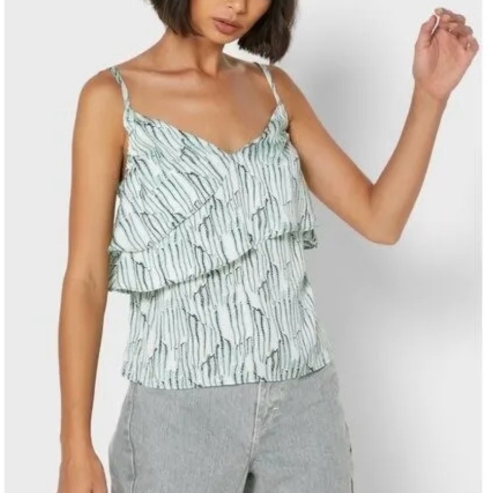 Topshop Idol Green Ivory Vine Print Layered Ruffle Cami Tank Top 2 Fairy Boho